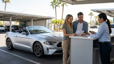A red car rental drives across the iconic Golden Gate Bridge on a sunny day in California