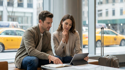 A modern car rental driving through a busy New York City street with yellow taxis