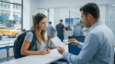 A modern car rental on a busy street in New York City with yellow cabs driving by in the background