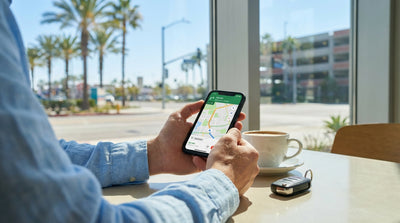 A person in a car rental uses a smartphone with a map app to navigate a sunny California highway
