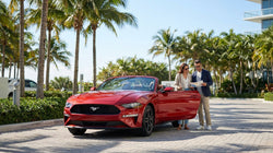 Modern car rental parked on a sunny Florida beach road surrounded by palm trees