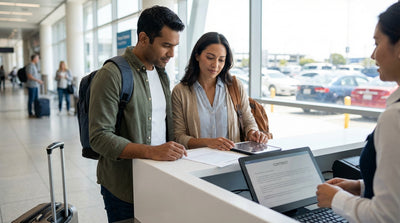 A person unloads luggage from their modern car hire parked by a sunny, palm-lined beach in Florida