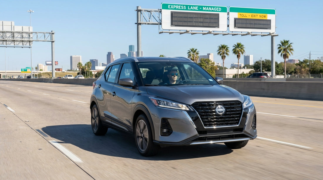 A car rental driving on a multi-lane Texas highway with large overhead signs for an express lane