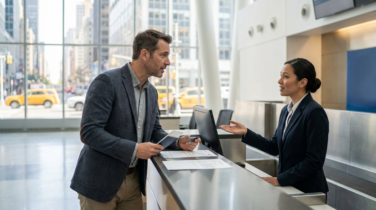 A person at a car rental counter in New York handing their driver's license to an agent behind the desk
