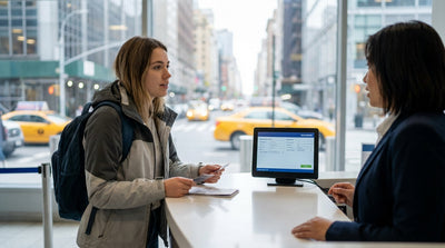 A modern car rental driving across the Brooklyn Bridge toward the iconic New York skyline