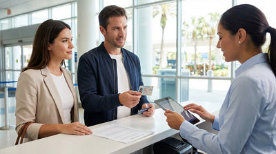 A woman at a car hire counter in Orlando Airport smiling while handing over her documents to an agent