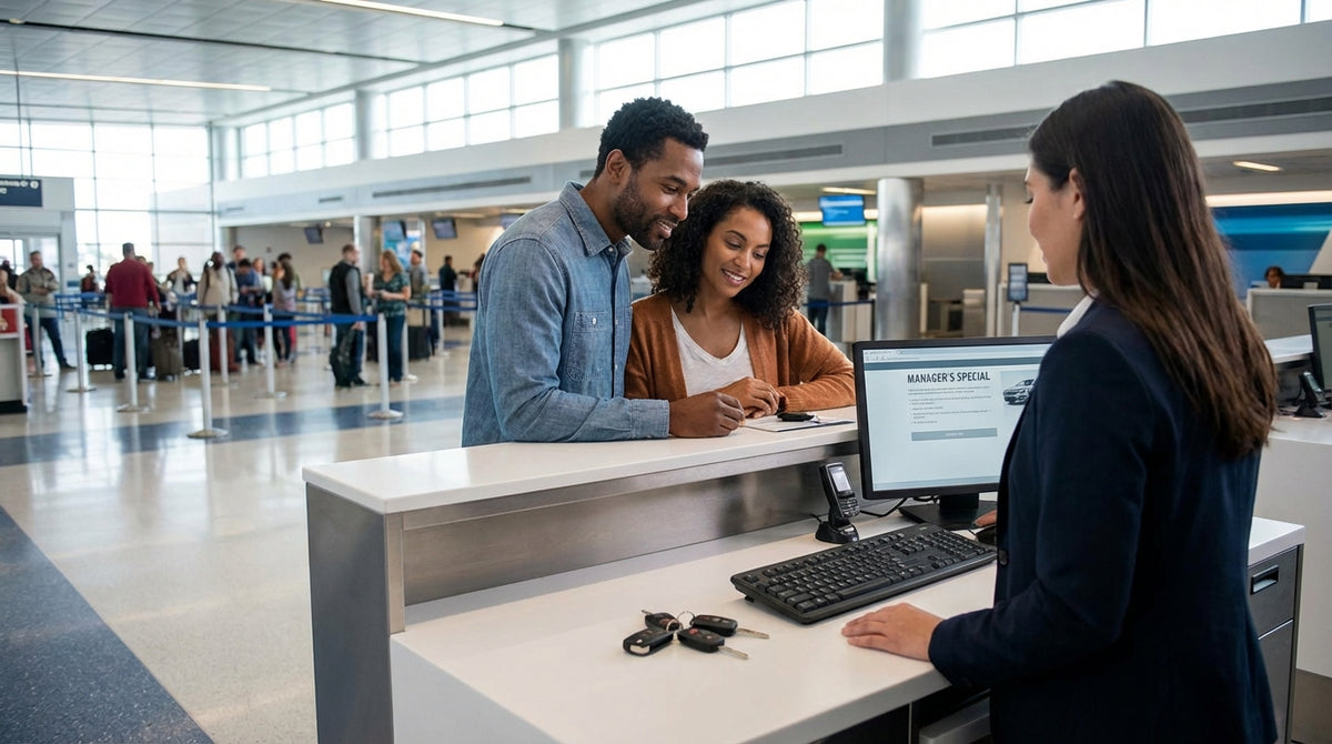 A row of diverse cars lined up in a sunny parking lot for car rental in the United Estates