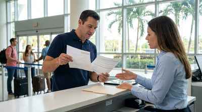 A convertible car rental drives down a scenic, palm-lined coastal road in sunny Florida