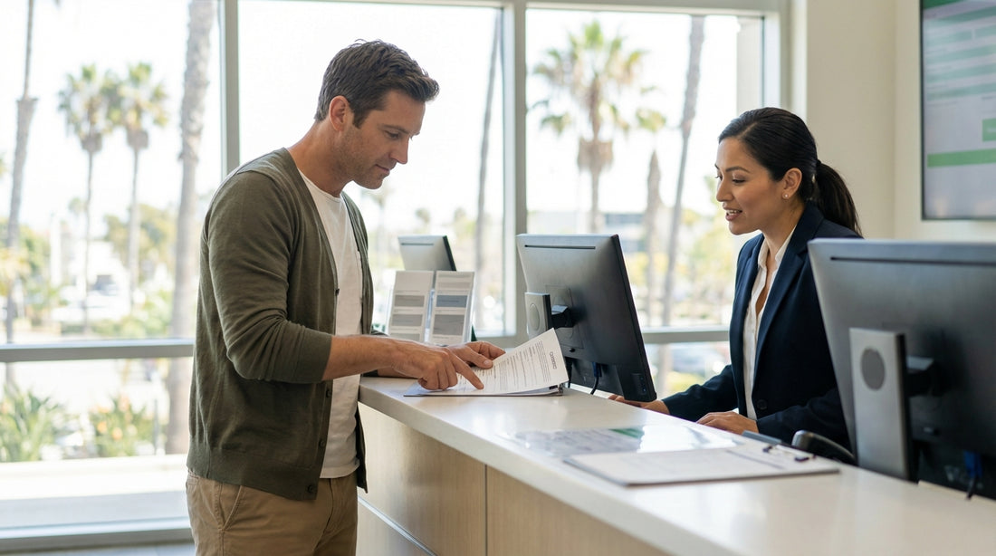 A person driving a car hire convertible on a sunny California highway next to the ocean