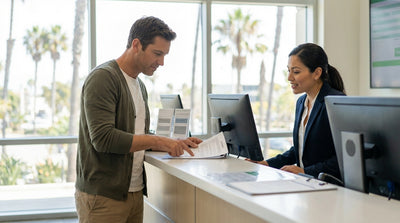 A person driving a car hire convertible on a sunny California highway next to the ocean