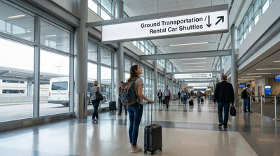 Travelers with luggage waiting for the car rental shuttle bus outside JFK Terminal 4 in New York
