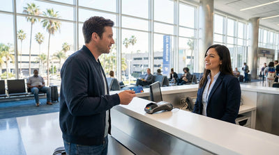 A person at a car hire counter in Los Angeles presents a debit card for their vehicle deposit