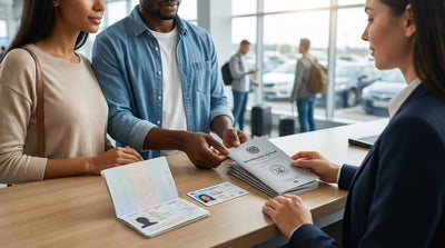 A driver's hands on the steering wheel of a car rental on a sunny highway during a road trip in the United States