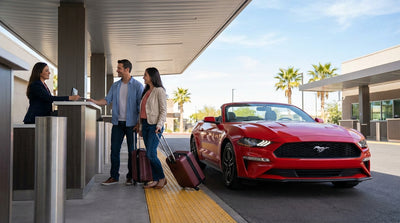 A line of travelers with luggage at a busy Las Vegas car rental counter