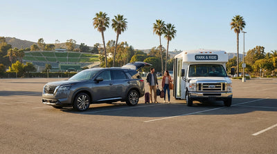 The iconic Hollywood Bowl entrance at dusk with a line of cars in Los Angeles, a popular spot for car hire users