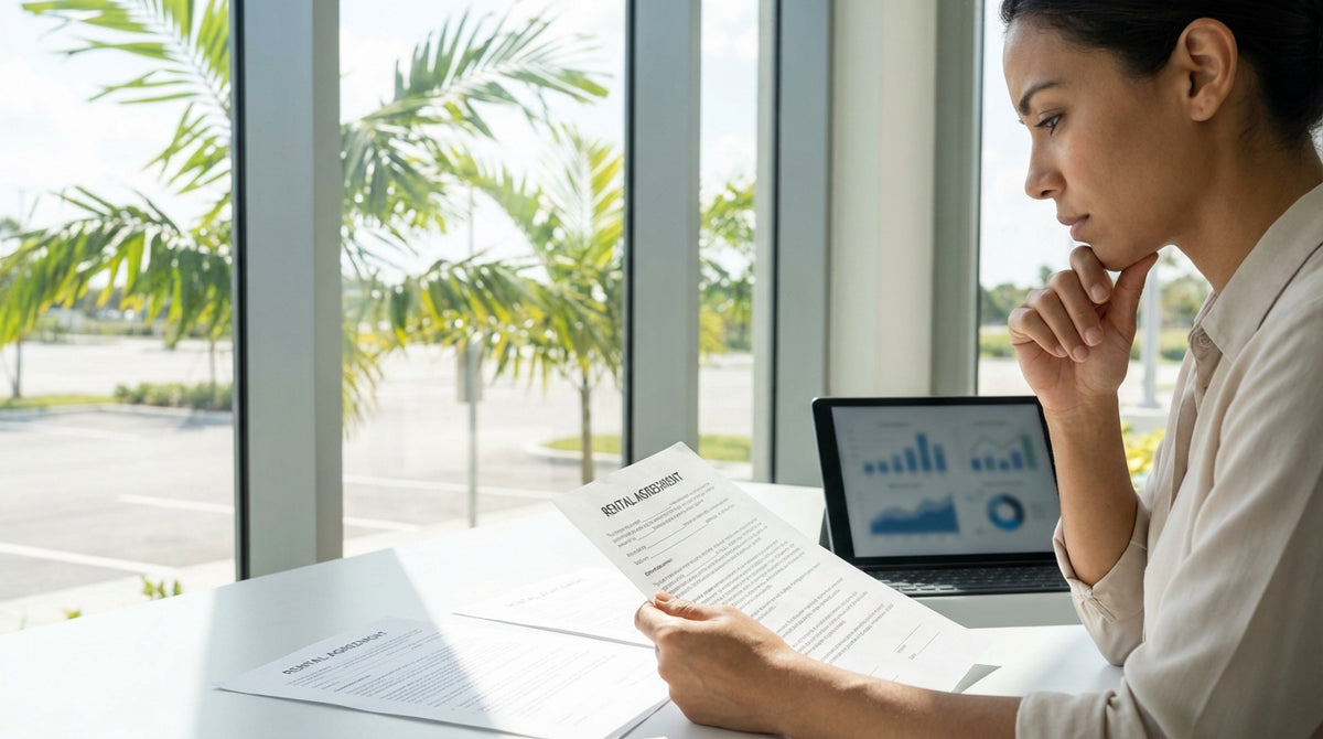A white convertible car rental driving on a sunny coastal highway lined with palm trees in Florida