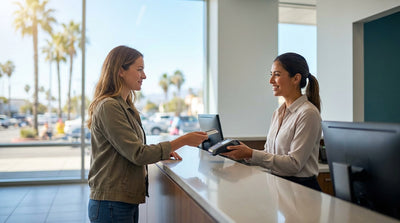 Red convertible car hire driving over Bixby Bridge on the scenic Pacific Coast Highway in Big Sur, California