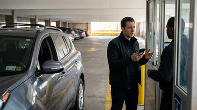 A worried driver on the phone next to their car rental in a concrete New York parking garage