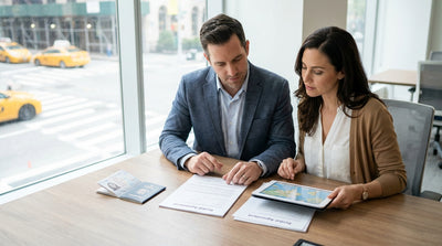 A car rental driving through the streets of New York City with skyscrapers in the background