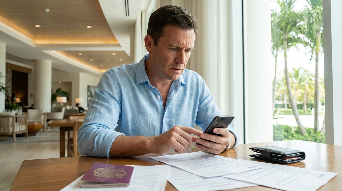 A concerned driver stands beside their convertible car rental on a sunny, palm-lined road in Florida