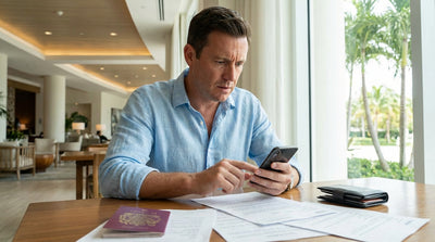 A concerned driver stands beside their convertible car rental on a sunny, palm-lined road in Florida