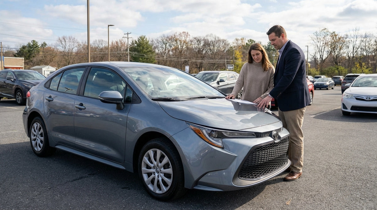 A modern car rental on a scenic drive through the rolling hills and autumn foliage of rural Pennsylvania
