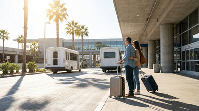 Traveler with luggage standing outside an airport terminal in Los Angeles waiting for a car rental shuttle