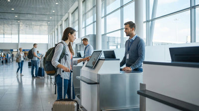 Travelers at a shared car hire counter with multiple logos inside Newark Airport terminal in New York