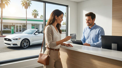 Close up of a customer passing a credit card to an agent at a California car rental desk