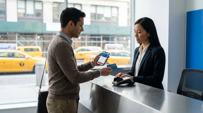 A modern car rental parked on a bustling New York City street with yellow cabs in the background