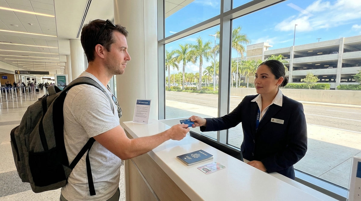 A stylish convertible car hire drives down a sunny Miami street lined with tall palm trees
