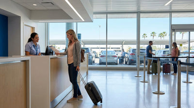 A car rental shuttle bus waits for passengers outside the LAX terminal in Los Angeles on a sunny day