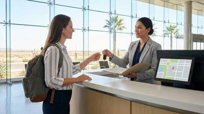 A modern SUV car rental driving along a scenic, winding road through the Texas Hill Country