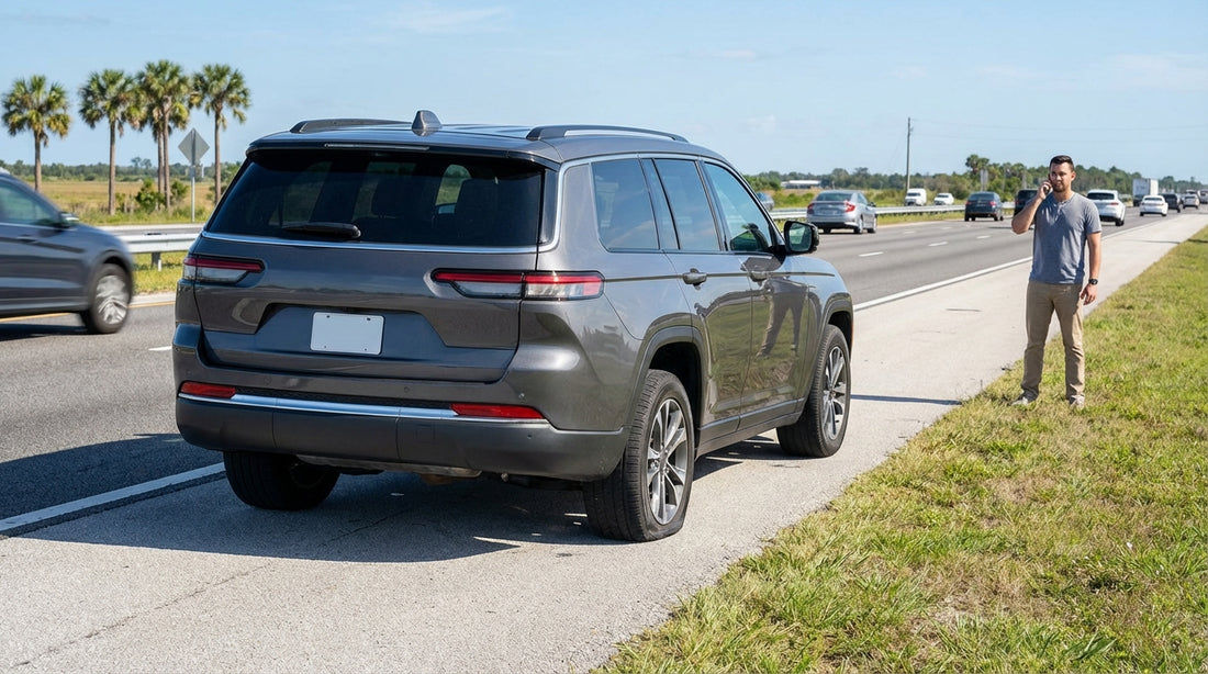A car hire pulled over with a flat tire on the shoulder of a busy, sunny Florida highway
