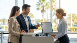 Person handing a driving licence to an agent at an Orlando car rental desk