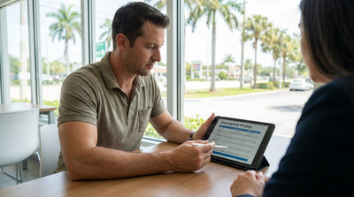 A convertible car hire drives down a sunny, palm-lined coastal highway in Florida