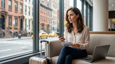 A person loads a suitcase into their car hire on a busy, iconic street in New York with yellow cabs driving by