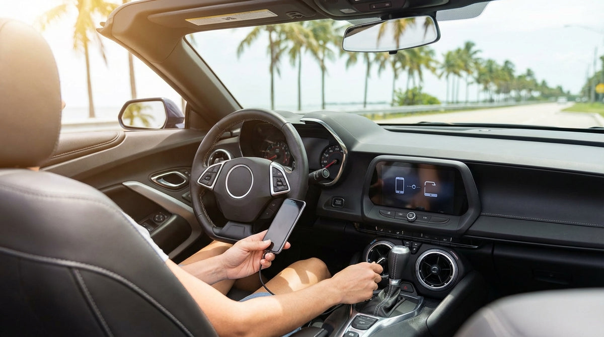 A car rental dashboard in Florida shows the Apple CarPlay screen with sunny palm trees visible through the windshield