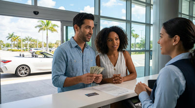 A red convertible car hire driving down a sunny, palm-lined coastal highway in Florida