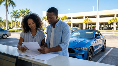 A red convertible car hire driving on sunny, palm-lined Ocean Drive in Miami