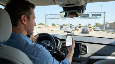 A white car hire vehicle driving under an electronic toll gantry on a sunny highway in the United Estates