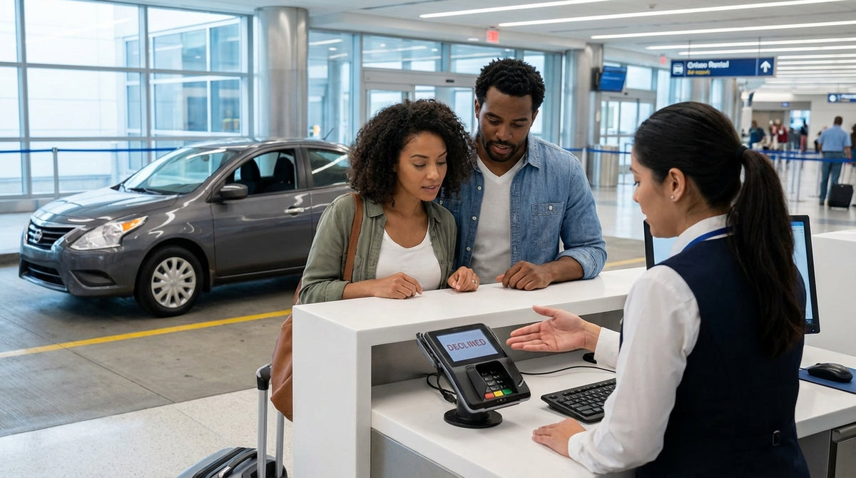 A customer at a car rental desk in New York looking concerned at a credit card terminal