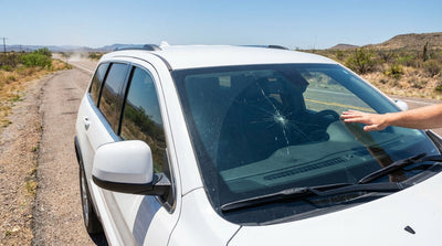 A cracked windscreen on a car hire vehicle parked under the bright, hot Texas sun