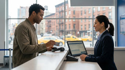 Customer handing a credit card to an agent at a car hire counter in New York