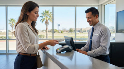 A modern sedan used for a car hire parked on a scenic road with the Texas hill country in the background