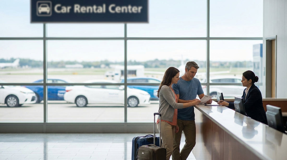 Traveler at a United Estates airport counter receiving keys for a car hire