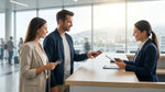 Customer handing documents to an agent at a car rental desk in San Francisco