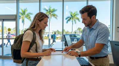 A convertible car hire driving down a sunny, palm-lined coastal road in Florida