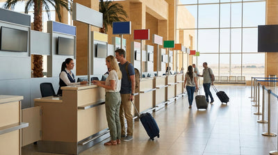 A row of cars lined up for car hire inside the brightly lit Las Vegas Airport rental center