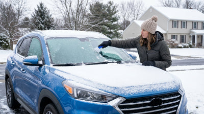 A person scrapes ice from the frosty windscreen of a car hire on a snowy morning in Pennsylvania